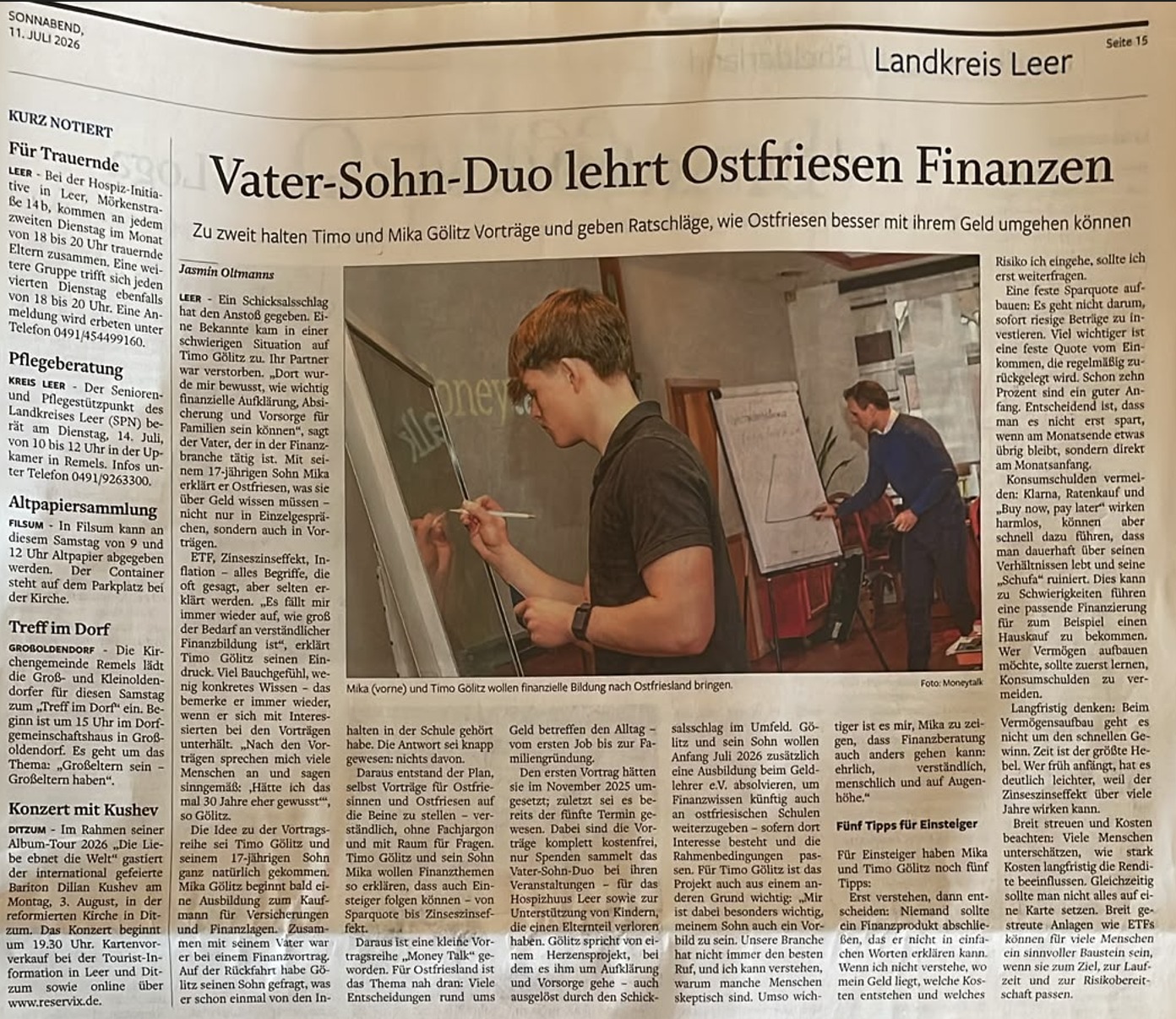 OZ-Zeitungsartikel Ostfriesen-Zeitung berichtet über den MoneyTalk von Timo und Mika Gölitz in Leer